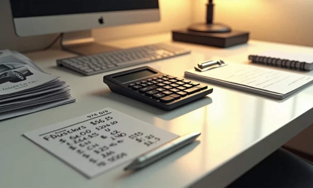 Car buying budget planning with calculator and car brochures